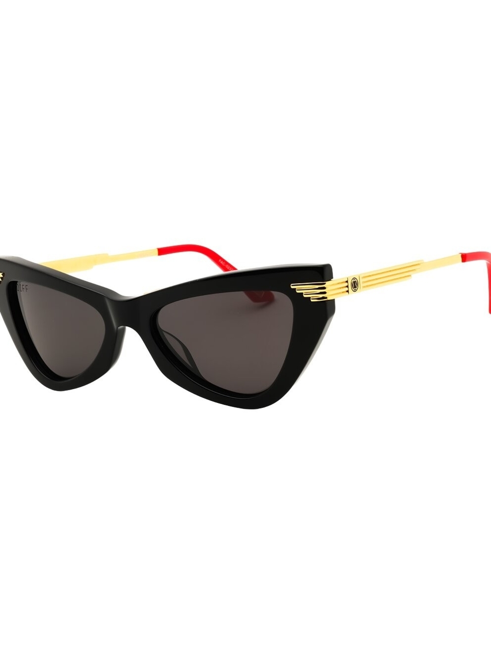 Diff Eyewear Black Cat-Eye Sunglasses with Gold Temples and Red Tips